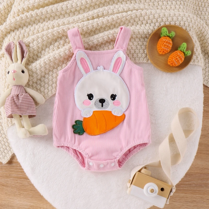 

BeQeuewll Baby Girls Summer Casual Romper Sleeveless Cartoon Bunny Carrot Embroidery Romper Overall For 0-18 Months