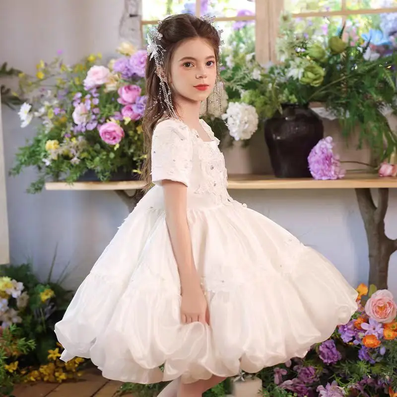 Jill Wish J547 luxe blanc fleur fille robe fleurs col carré pour princesse mariage anniversaire concours Communion robe de fête