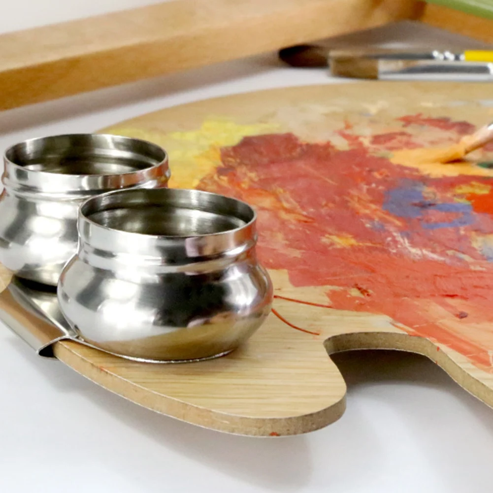 A97I-2 Pack Palette Cups Paint Pot Container Cup With Lid And Clip Double Dippers Stainless Steel For Oil Painting