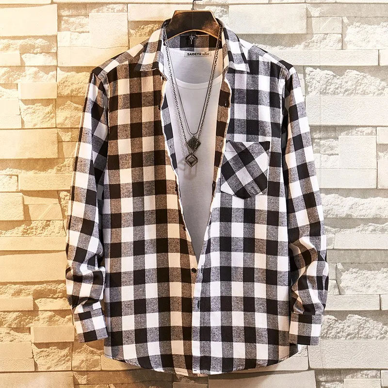 2026 New Men Casual Plaid Flannel Shirt Long-Sleeved Chest  with Pocket Design Fashion Boy Young Button Clothes