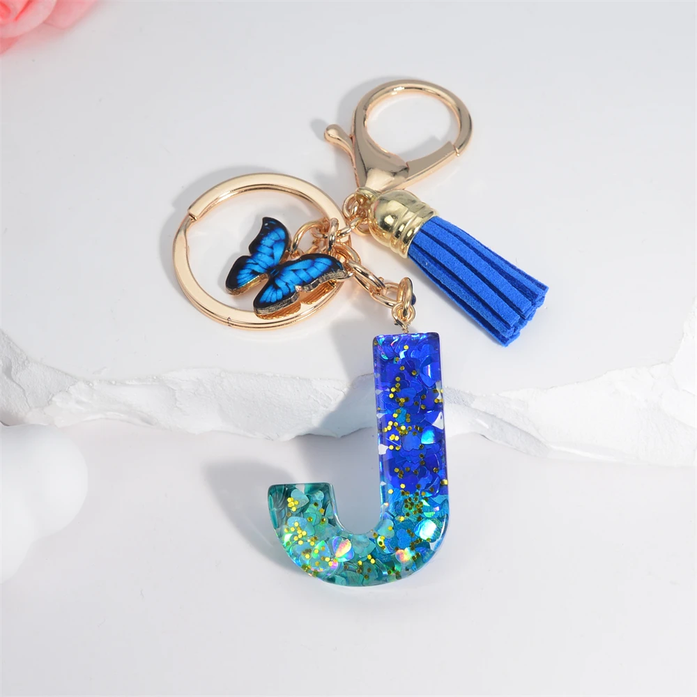 Schlüsselanhänger mit 26 englischen Alphabet-Buchstaben, Quasten, Kristall, Acryl, Schmetterling, Anhänger, Schlüsselanhänger, Geschenk, Modeschmuck, Accessoires