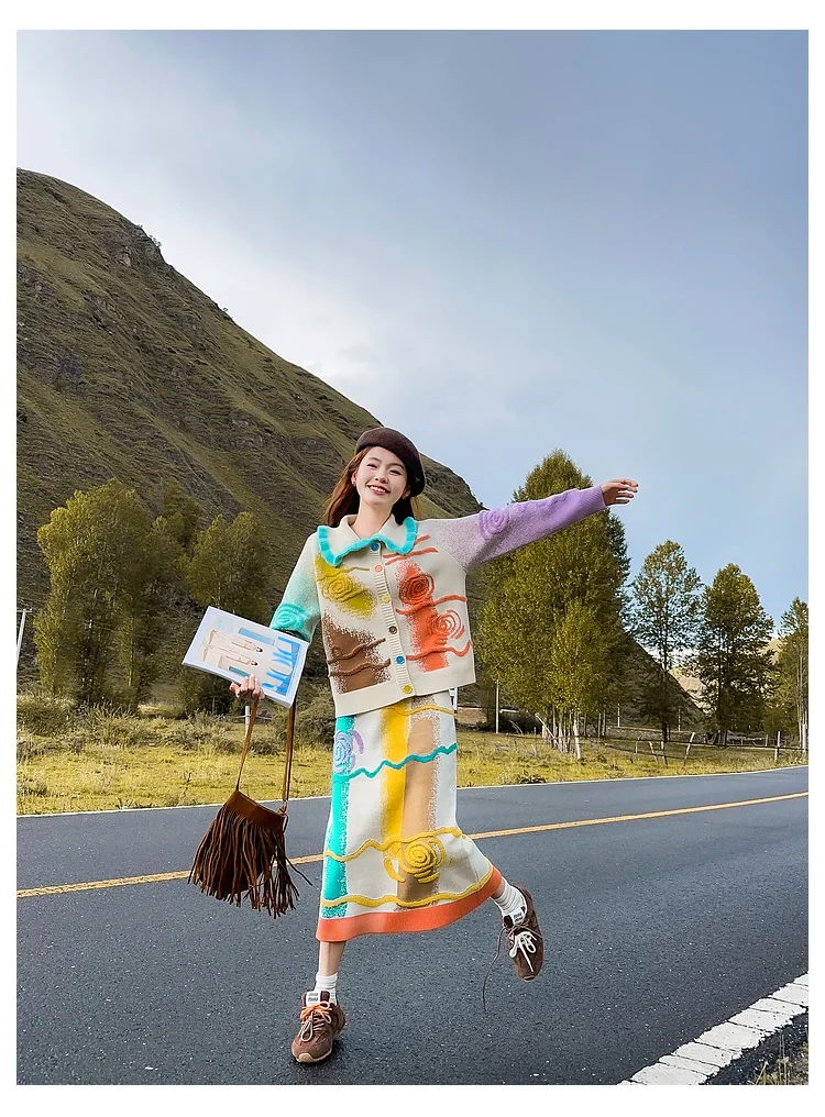 Cardigan tricoté à col rabattu coloré, pull taille haute, amincissant, jupe mi-longue, nouvelle collection printemps et automne 2025