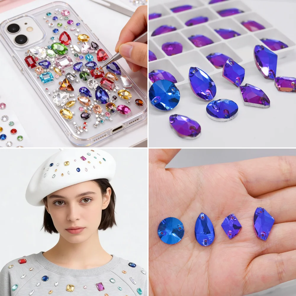 All Shape Blue Volcano Sew On Rhinestones Sewing Crystal Glass Stone For Needlework Bag Clothes DIY Design Decoration Strass