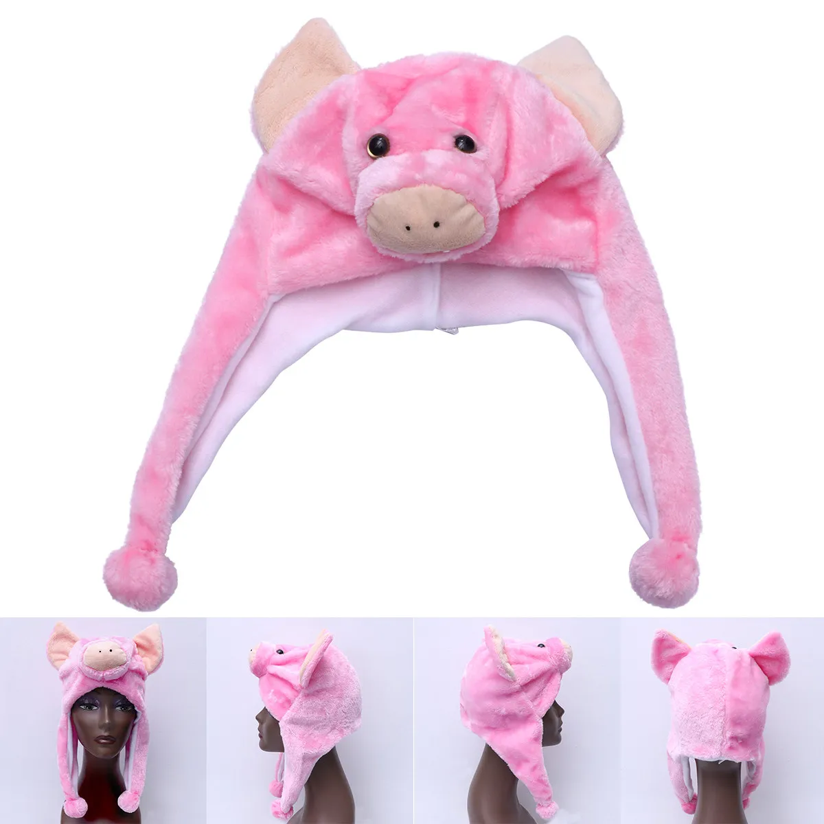 Cute Animal Style Winter Hood Hat with Stretchable Fit Pom Pom Flaps Head Neck Ear Protection Costume Performance Party Wear