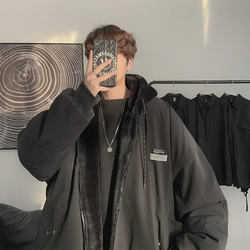 남성용 양면 양털 두꺼운 패딩 재킷, 겨울 단색 캐주얼 플리스, 따뜻한 후드 면 패딩 의류