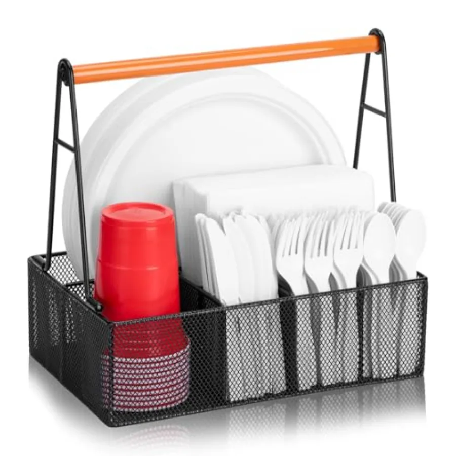 

Paper Plate Organizer with Handle for Countertop Metal Silverware Caddy for Cups Napkins Paper Plate and Utensil Holder Cutlery