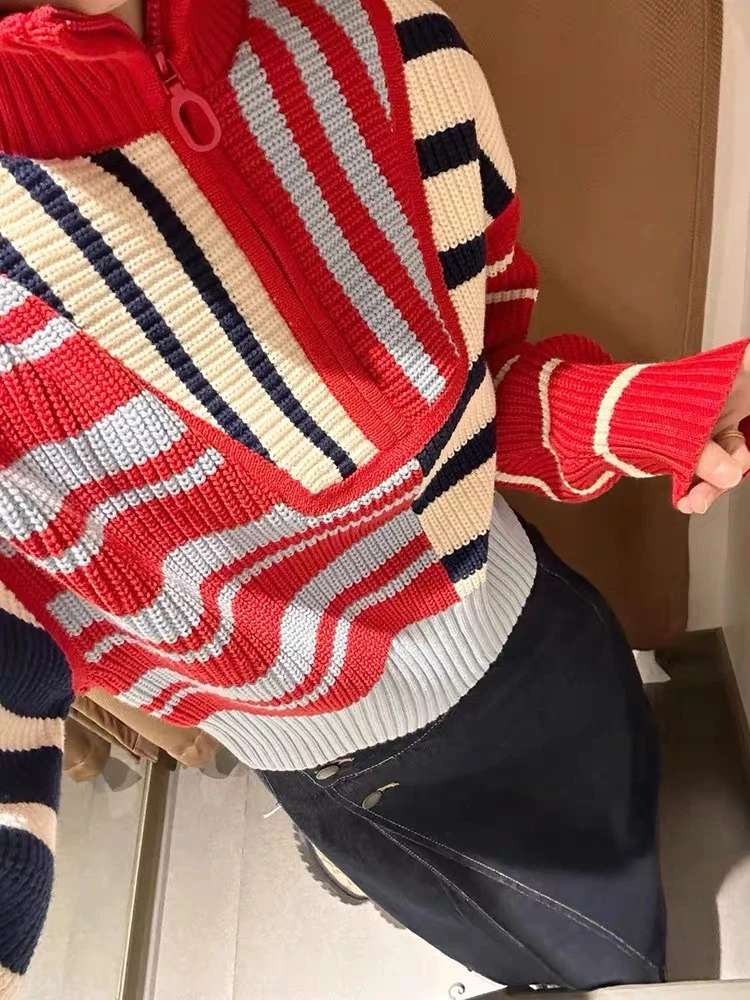 موضة مخطط متماسكة سترة البلوز المرأة الخريف الشتاء كم طويل الرمز البريدي القمم أنيق شيك موضة فضفاضة السيدات لاعبا 2025 #5