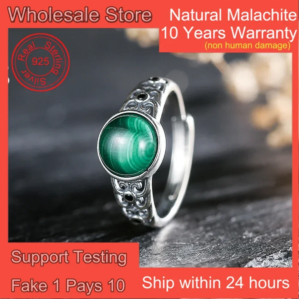 Genuine 925 Sterling Silver Adjustable Women's Ring Exquisite Rich Green Veining Malachite 8mm Natural Gemstone Bohemian Jewelry