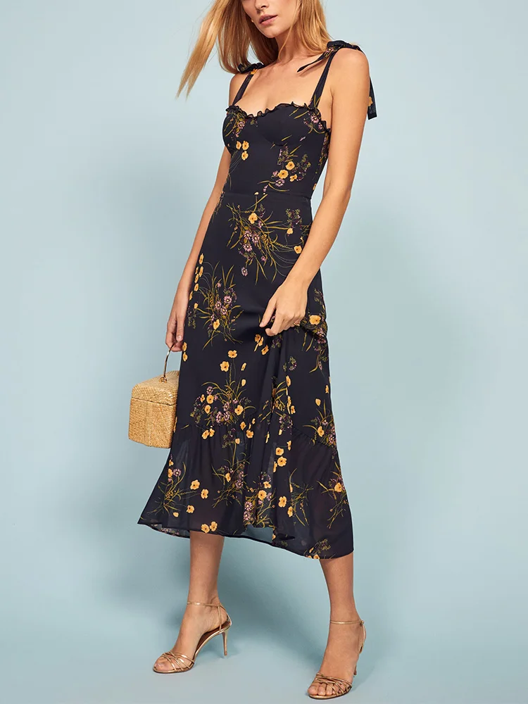 Dresses For Women 2022 Elegant Vintage Floral Dress Frill Sweetheart Neck Sleeveless Strap Tie Ruffle Hem Summer Beach Dress