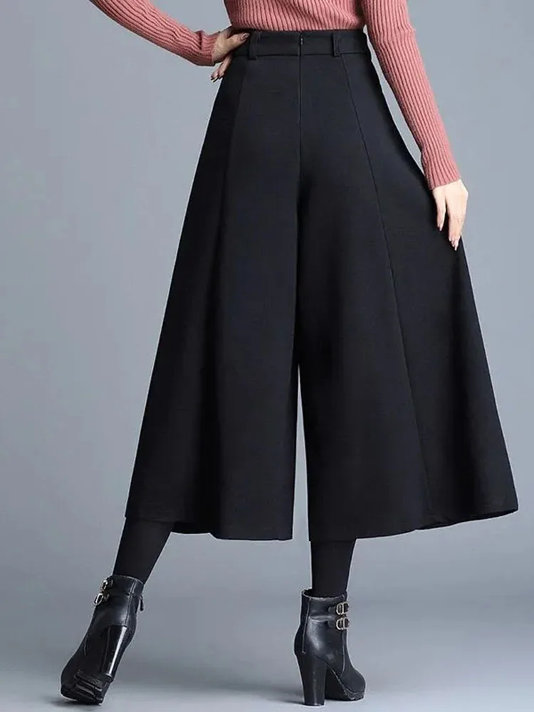 Autumn Winter Woolend Culotte Pants Elegant Womens Thick Wool Blended Wide Leg Pantalones High Waist 80cm Spodnie Oversize New