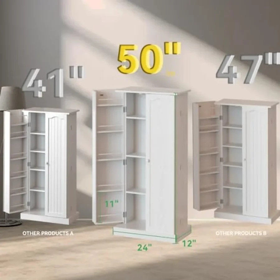 

50 LED Kitchen Pantry Cabinet White Storage Cabinet with Doors and Adjustable Shelves for Kitchen Living Room Dining Room Frees