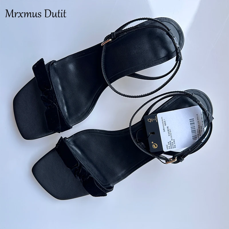 Mrxmus 2024 New Women Summer Fashion Genuine Leather One Character Strip Square Head Slender Heel Sandals Elegant Shoes Female