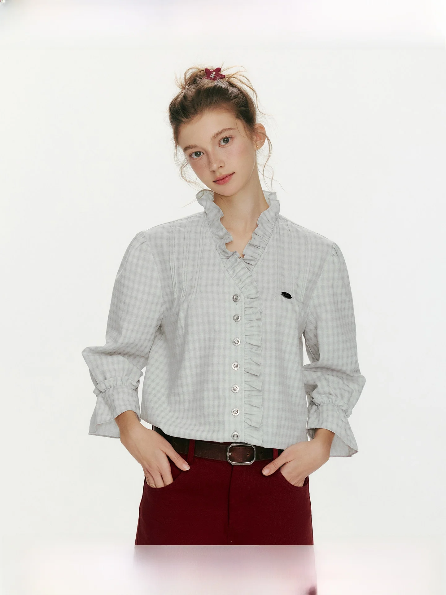 

Loose WhyBerry Women's Shirt with Wood Grain Ruffle V-neck Bubble Sleeve Checkered Bell Bottoms Vintage Style Cotton Blend