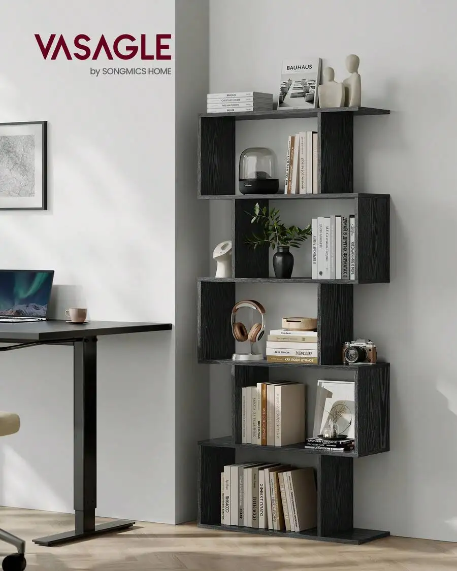 Wooden Bookcase, Display Shelf And Room Divider, Freestanding Decorative Storage Shelving, 5-Tier Bookshelf, Greige, 9.4D X 27.6