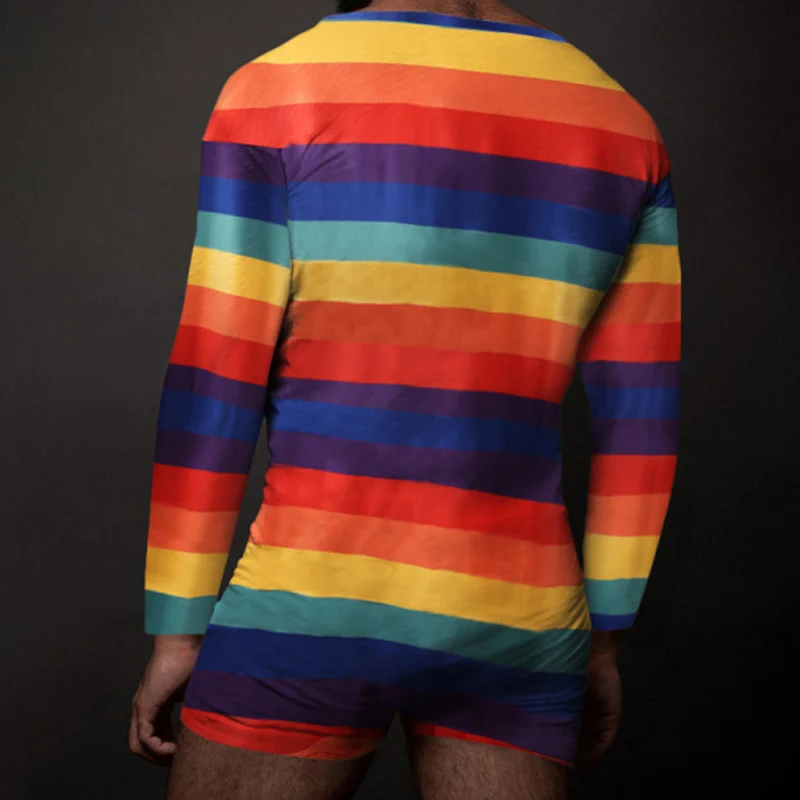 LGBT Rainbow Striped Printed Shorts Playsuits Men Pajamas Sexy Crew Neck Button-up Shorts Jumpsuits Mens Shorts Romper Overalls