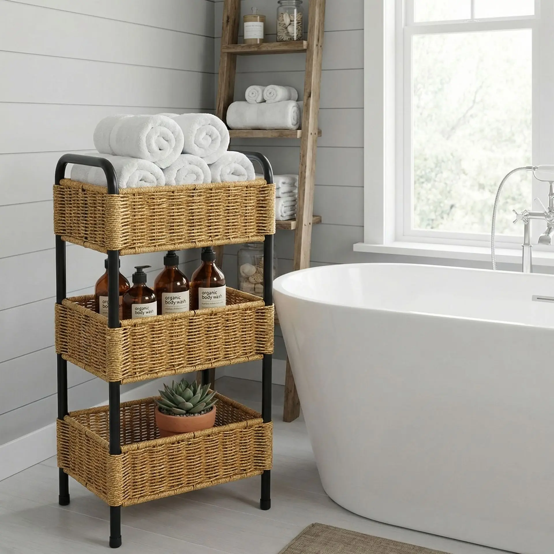 

Nordic style floor-to-ceiling imitation rattan woven storage rack, hotel and homestay bathroomrack, hand-woven three-layer stor