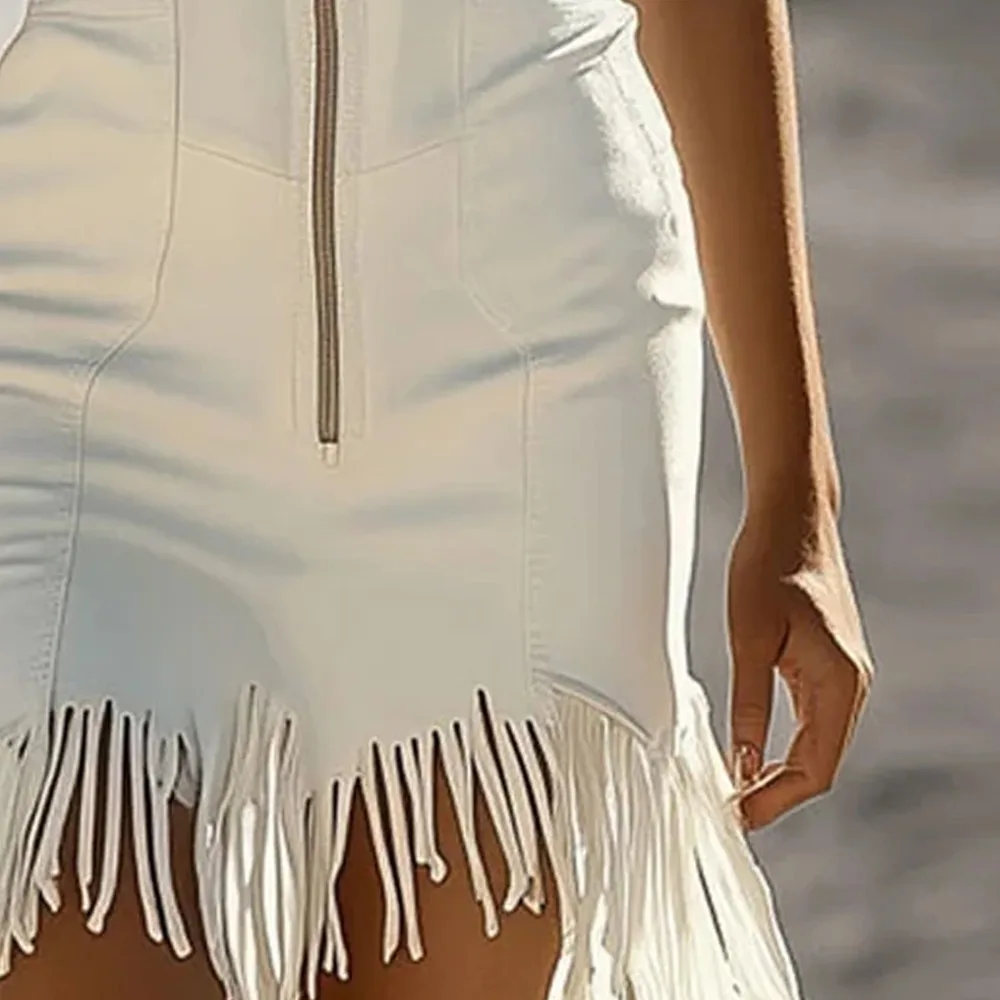 

Women's Western Vintage White Denim Mini Dress Turndown Collar Sleeveless Zip Fringe Tassel Hem Bodycon Holiday Party Dress