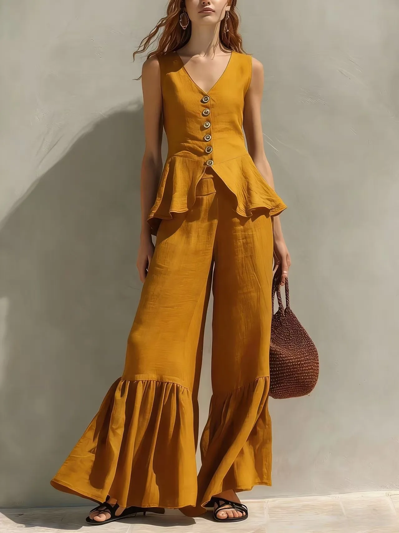 

Women Solid Color Two Piece Set Casual Summer Sleeveless V Neck Button Peplum Ruffle Vest High Waist Flared Wide Leg Pants
