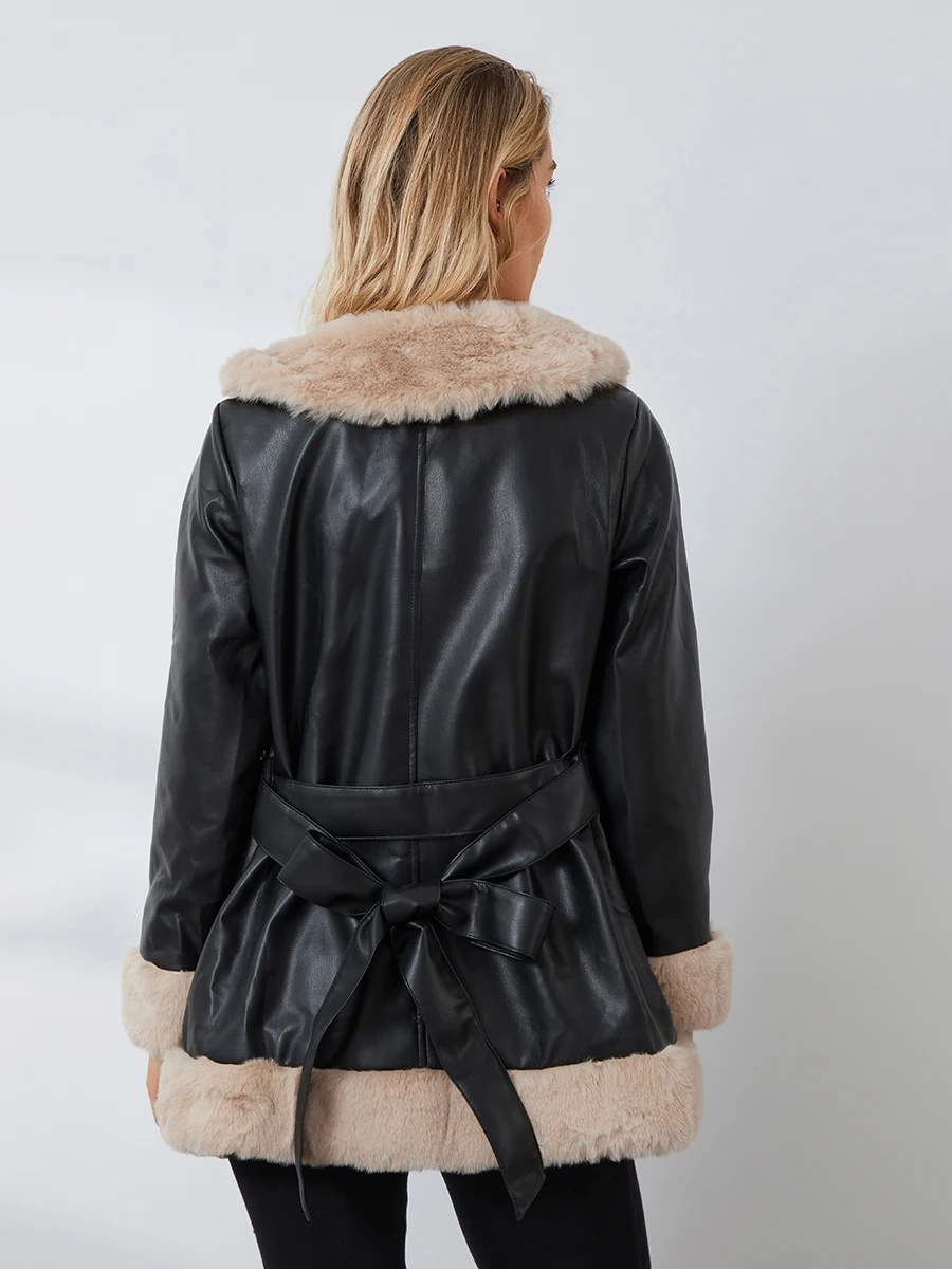 Women Faux Leather Jacket Faux Fur Long Sleeve Open Front with Furry Collar Short Parka Coat Warm Cardigan with Belt Streetwear