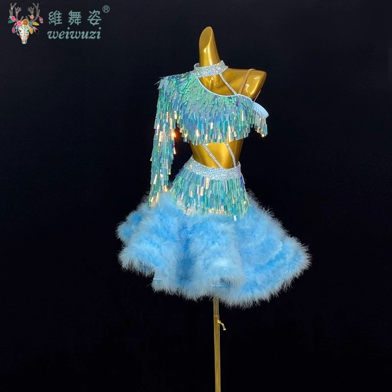 라틴 댄스 의상 맞춤형 깃털 태슬 글리터 성인 및 어린이 차차 삼바 룸바 대회 공연 의상