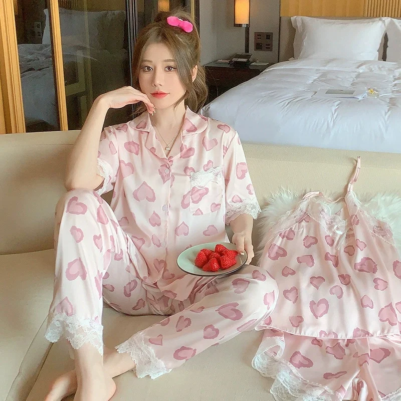 2025 新しいレース V ネックパジャマスーツプリントナイトウェア 2 個 Pjs 女性シルキーホームスーツレトロ半袖シャツ & パンツ部屋着