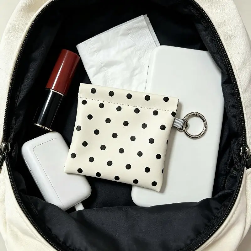

PU Leather Spring-loaded Polka Dot Coin Purse With Key Ring Compact Design For Storing Coins Cards Keys Daily Use