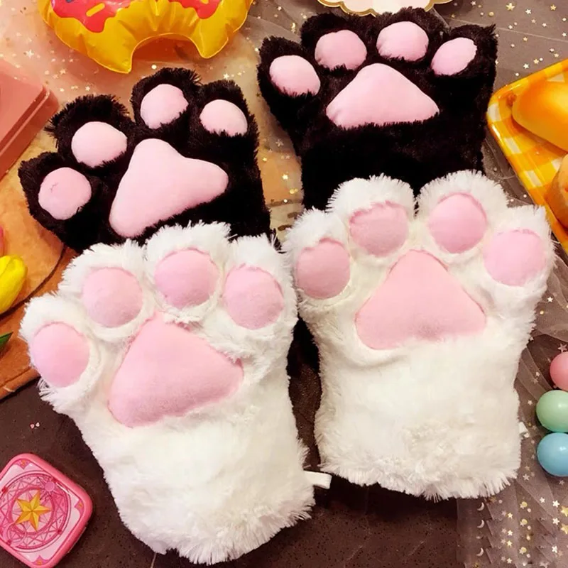 Cute Cat Paw Fluffy Claw Fingerless Gloves Warm Soft Plush Fingerless Panda Glove Half Finger Women Winter Wear Christmas Gifts