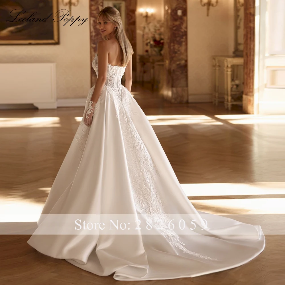 Lceland Poppy Customized A Line V Neck Satin Wedding Dresses Sleeveless Beaded Lace Bridal Gowns with High Slit