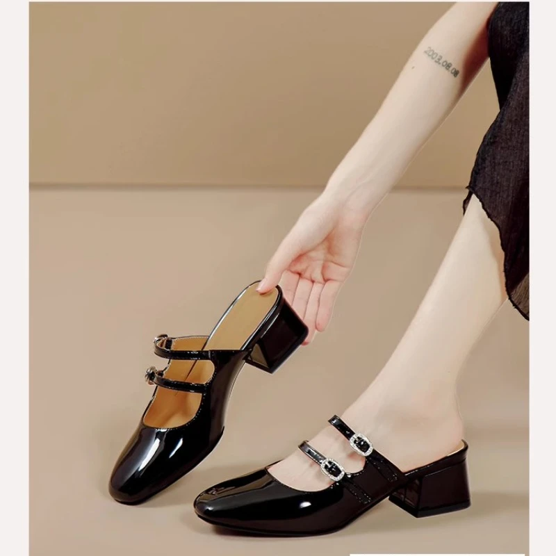 2024 Summer New Outward Wearing Baotou Slippers Solid Color One Line Buckle Strap Sexy Simple Versatile Single Shoes for Women