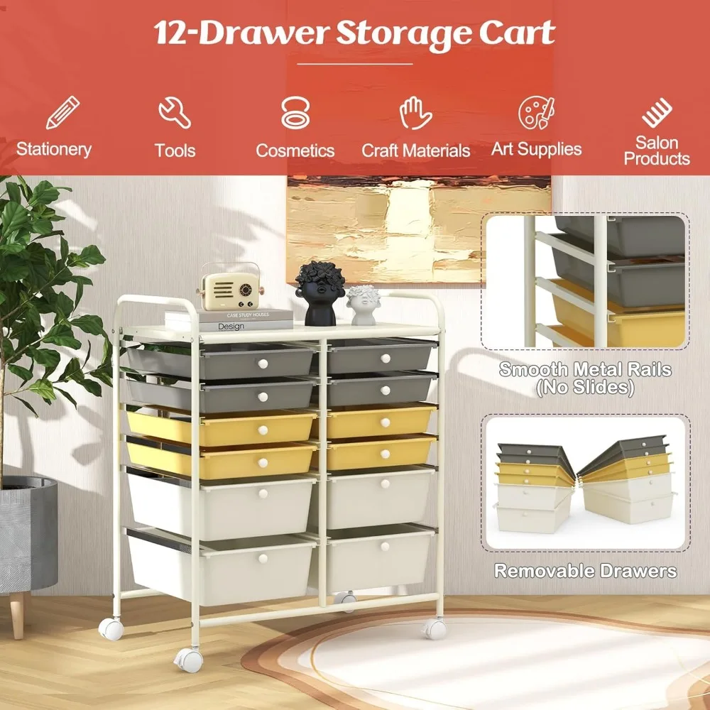 Mehrzweck-Rollwagen mit Metallrahmen, 12 abschließbaren Schubladen und Mehrzweckwagen für Lagerlösungen