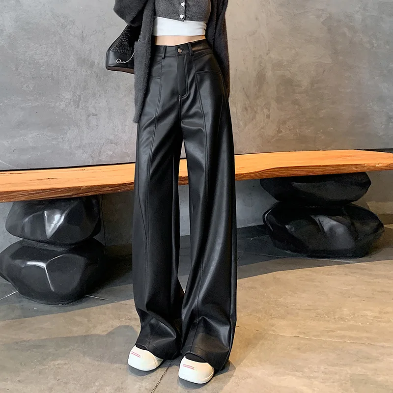 Coffee colored high waisted matte leather wide leg pants for women, loose fit  casual hanging pants, floor length pants