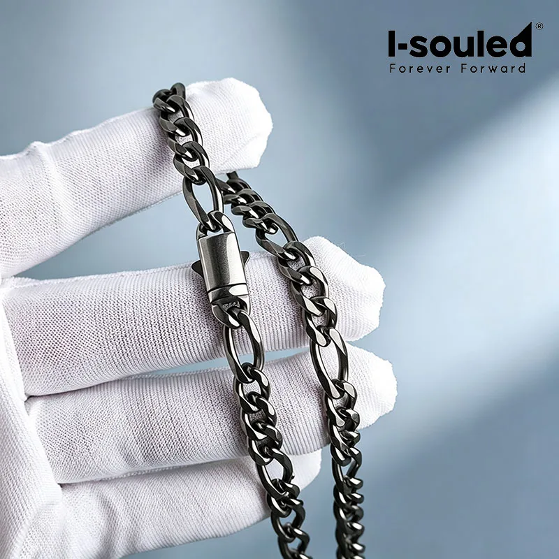 TA1 Pure Titanium Figaro Chain Necklace 7mm Stone Wash Matte Silver Hypoallergenic Men's Never Fade