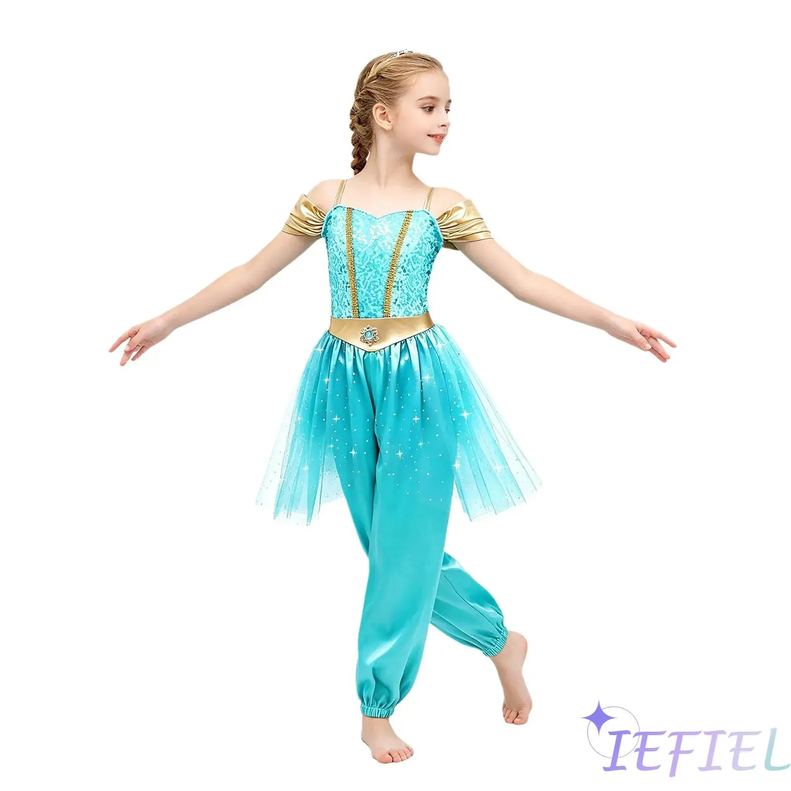 Mono de satén estilo princesa árabe para niñas, con espalda fruncida metálica, cremallera, corpiño de lentejuelas y panel de tul, para fiesta de disfraces temática de Halloween