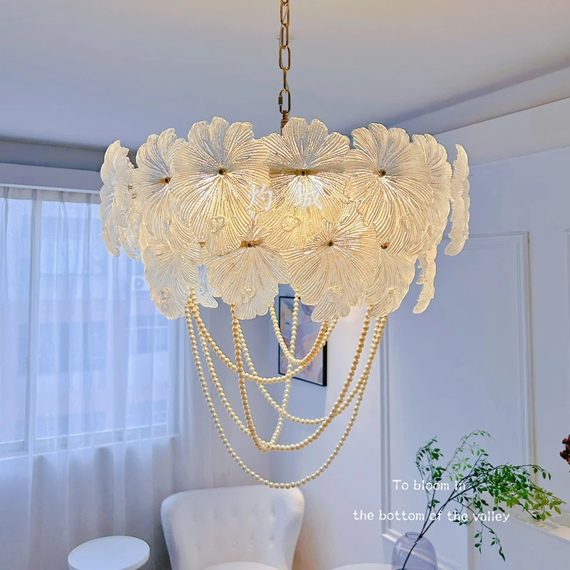 French Flower Glass Pendant Light Modern Romantic Ceiling Chandelier Lamp For Bedroom Living Room Closet Dining Table Lighting