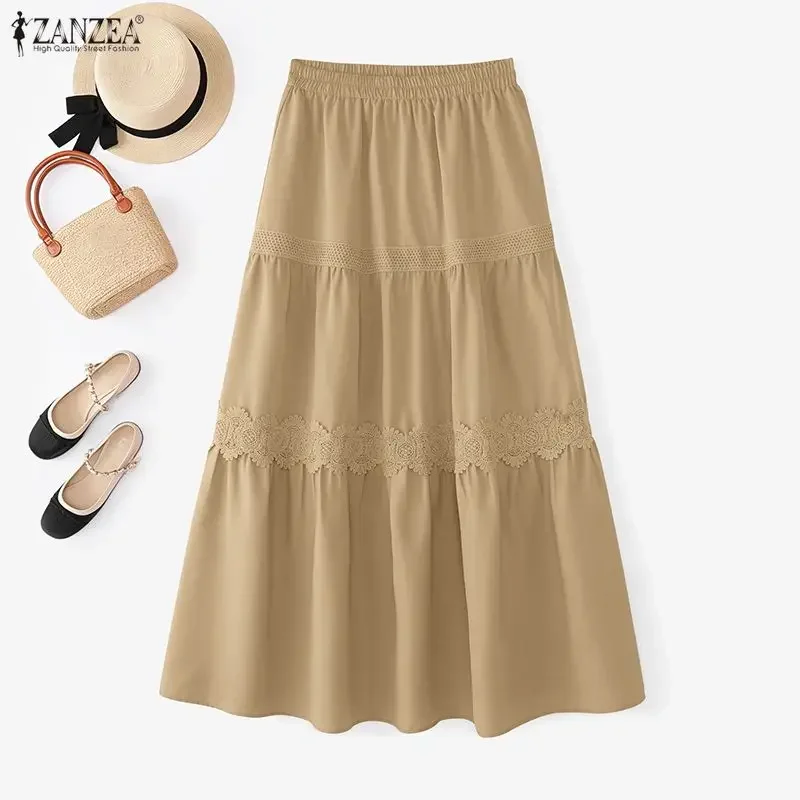 ZANZEA Fashion Women Long Skirts Fashion Lace Casual A-Line Ruffled Maxi Bottoms 2026 Summer Elastic Waist Jupes Faldas Saia