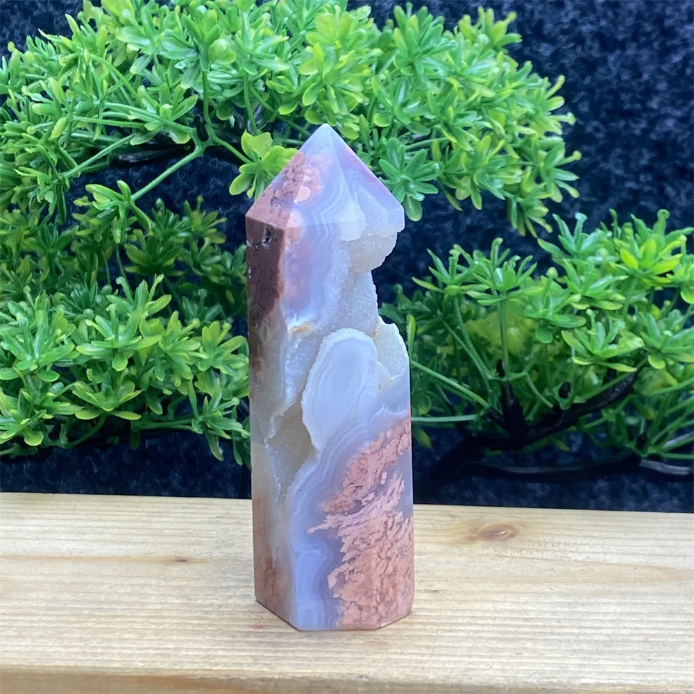 Natural Gemstone Pink Agate Geode Hexagonal Crystal Tower Obelisk Reiki Healing Stone Magic Wand Home