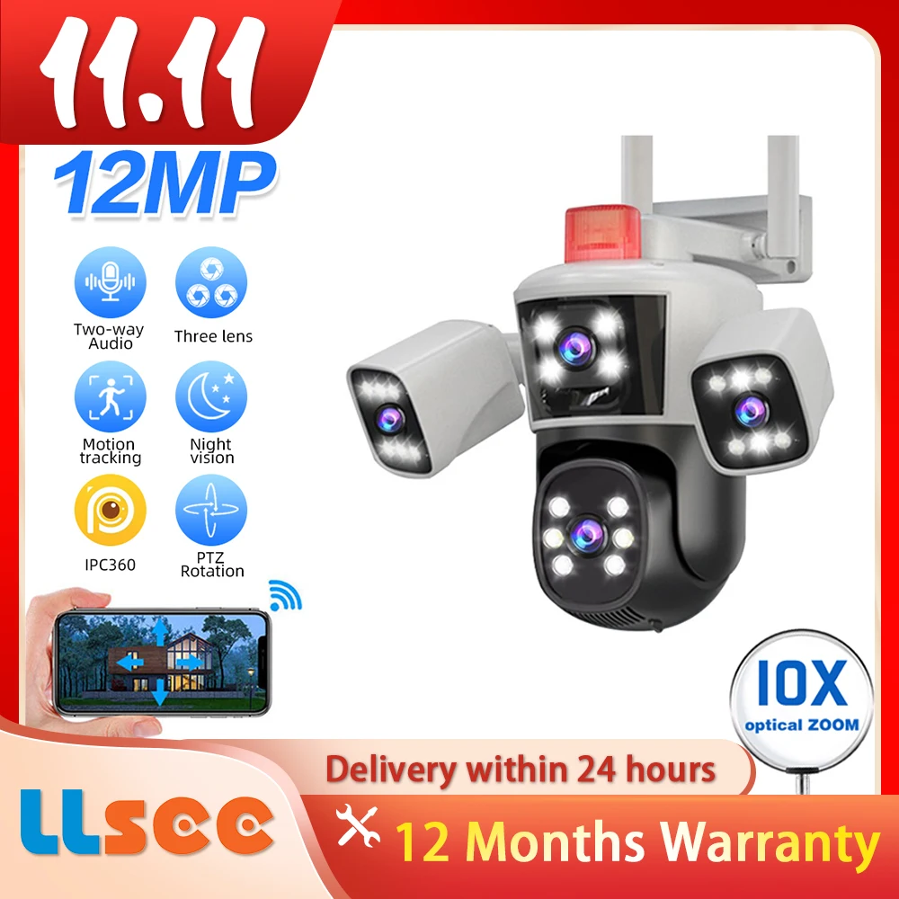 LLSEE 야외 감시 카메라, IP 카메라, PTZ 보안 보호, 4 렌즈, 10 배 줌, CCTV, 12MP,8K 