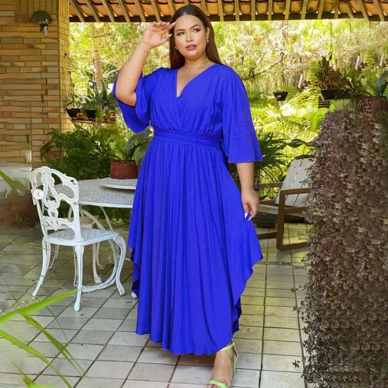 Kexu plus size feminino cintura alta com decote em v grande balanço ruched lado maxi vestido longo 2024 nova primavera elegante moda vestidos sólidos