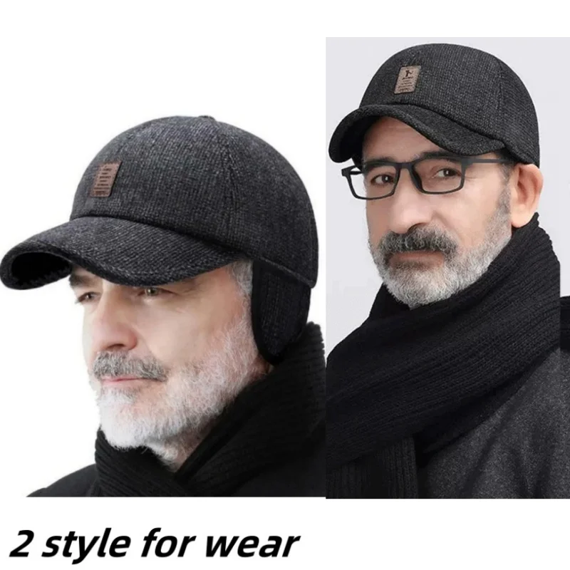 Men Autumn Winter Warm Cotton Woolen Golf Baseball Cap Outdoor Earflap Trucker Hat Middle-aged Dad Hat Ear Cover Design Warm Hat