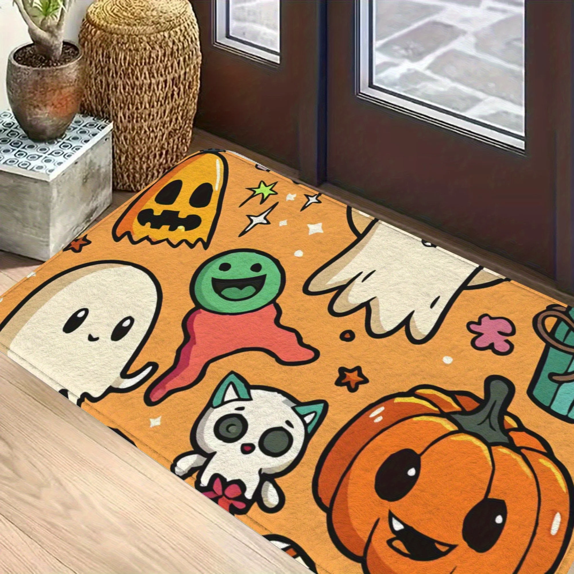 قطعة واحدة من حصيرة المنطقة ذات طابع الهالوين - أشباح لطيفة، قرع، تصميم النجوم والهياكل العظمية، دعم مطاطي مضاد للانزلاق، بو قابل للغسل في الغسالة #3