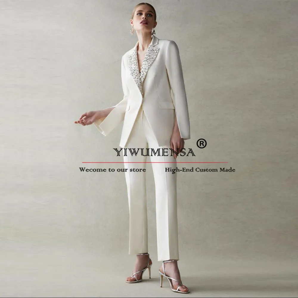 Luxury Women Suits 2 Pieces Diamond Beaded Collar Single Breasted Jacket Pants 2 Pieces Wedding Party Clothing Mother's Dresses