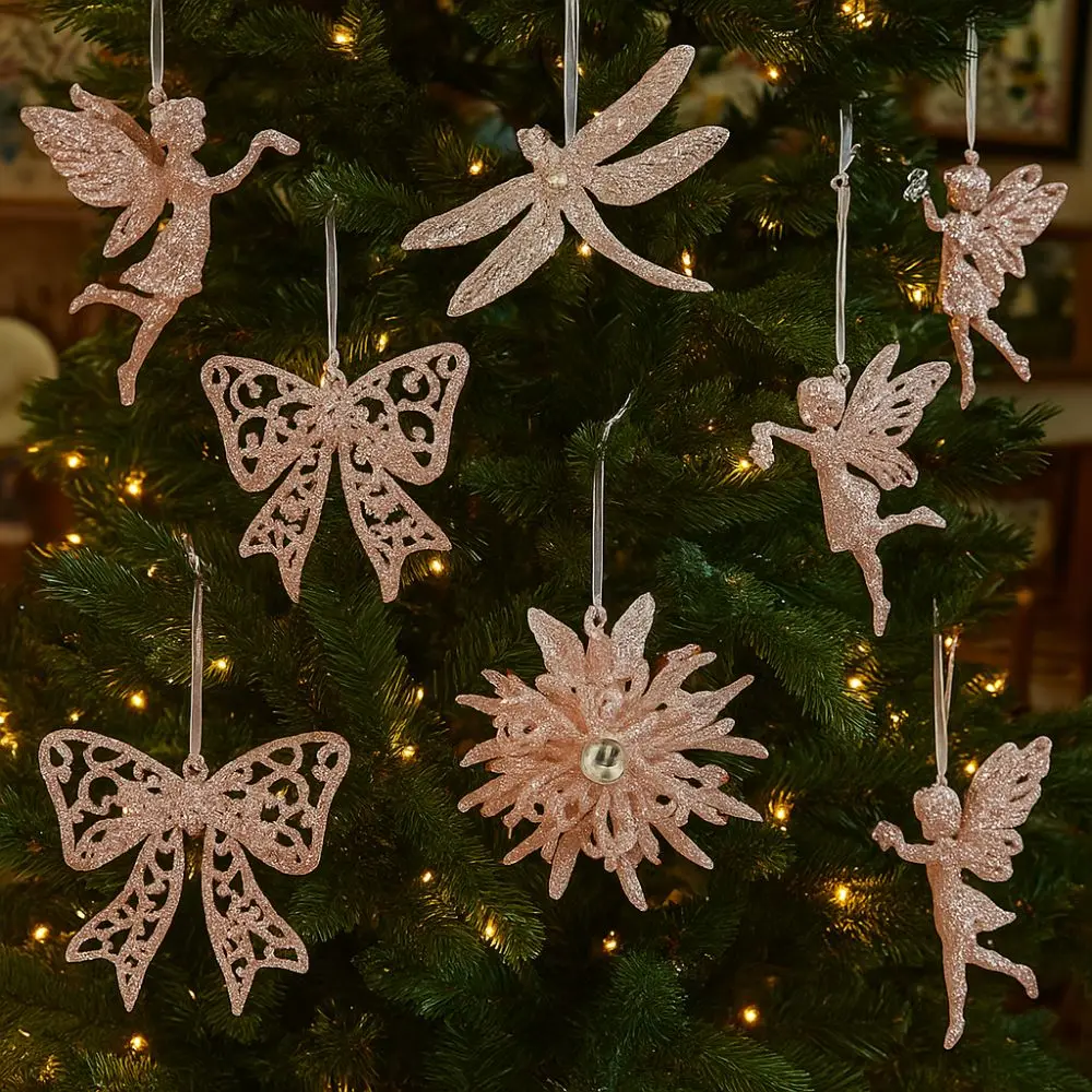 

Glitter Christmas Tree Pendant Slightly Sticky Plastic Snowflake Ornament Candy Butterfly Cartoon Xmas Hanging Ornament