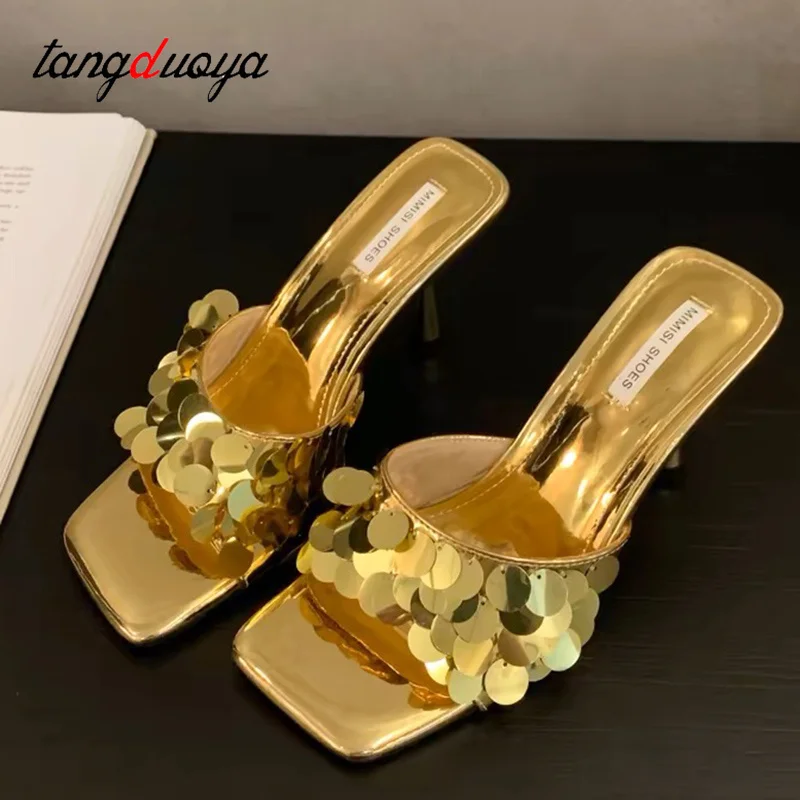 Sexy Silver Sequin Slippers For Women Square Toe Stiletto Heel Sandals High Heels Sandals Summer Fashion Party Gold Shoes Black