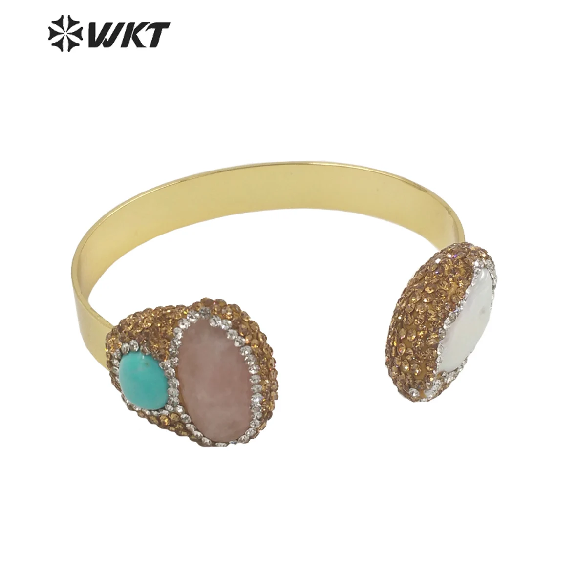 WT-MPB088 WKT Amazing Gorgeous Double Stone Bangle 18k Gold Plated Natural Sunstone Amazonite Pearl In Adjustable