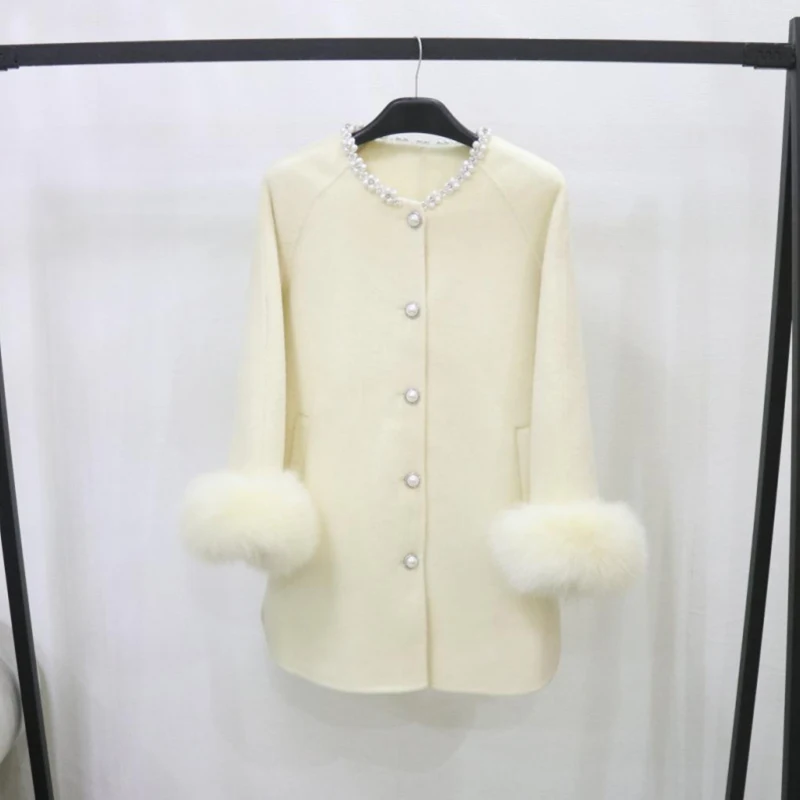 Autumn Winter High End Diamond Double Sided Wool Coat Woman Single Breasted Fox Fur Cuff Female Cloak Loose Woolen Jacket Coats