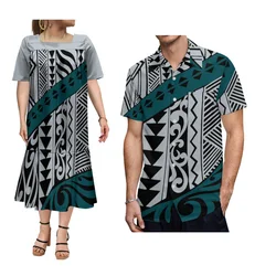 Mumu Ladies Puffy Sleeve Dress Micronesian Fluffy Long Skirt And Men'S Aloha Shirt Polynesian Party Couple Suit