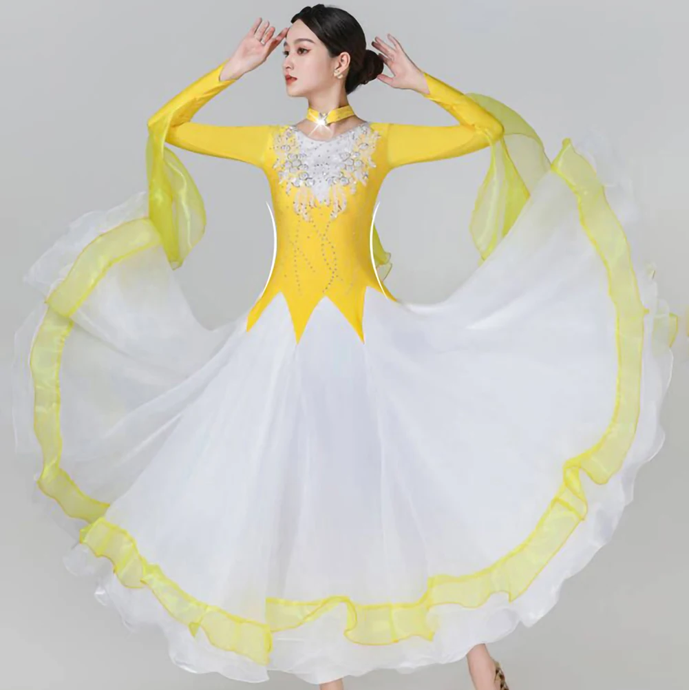 

Waltz Ballroom Dress 2024 Fashion Women's Wear Diamond-encrusted Large Swing Swing Rose Red Yellow Friendship Dress