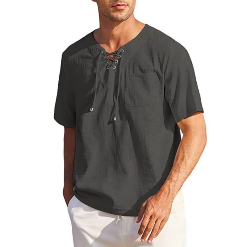 Men's Fashion Casual Lace-Up Square Neck Solid Color Short Sleeve Shirt