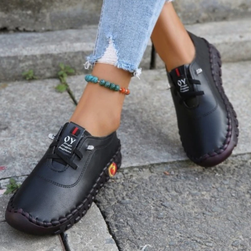 New Spring Casual Women Shoes Platform Loafers 2022 Lace Up Leather Flats Slip-On Mom Shoe Mujer Zapatos Chaussure Femme