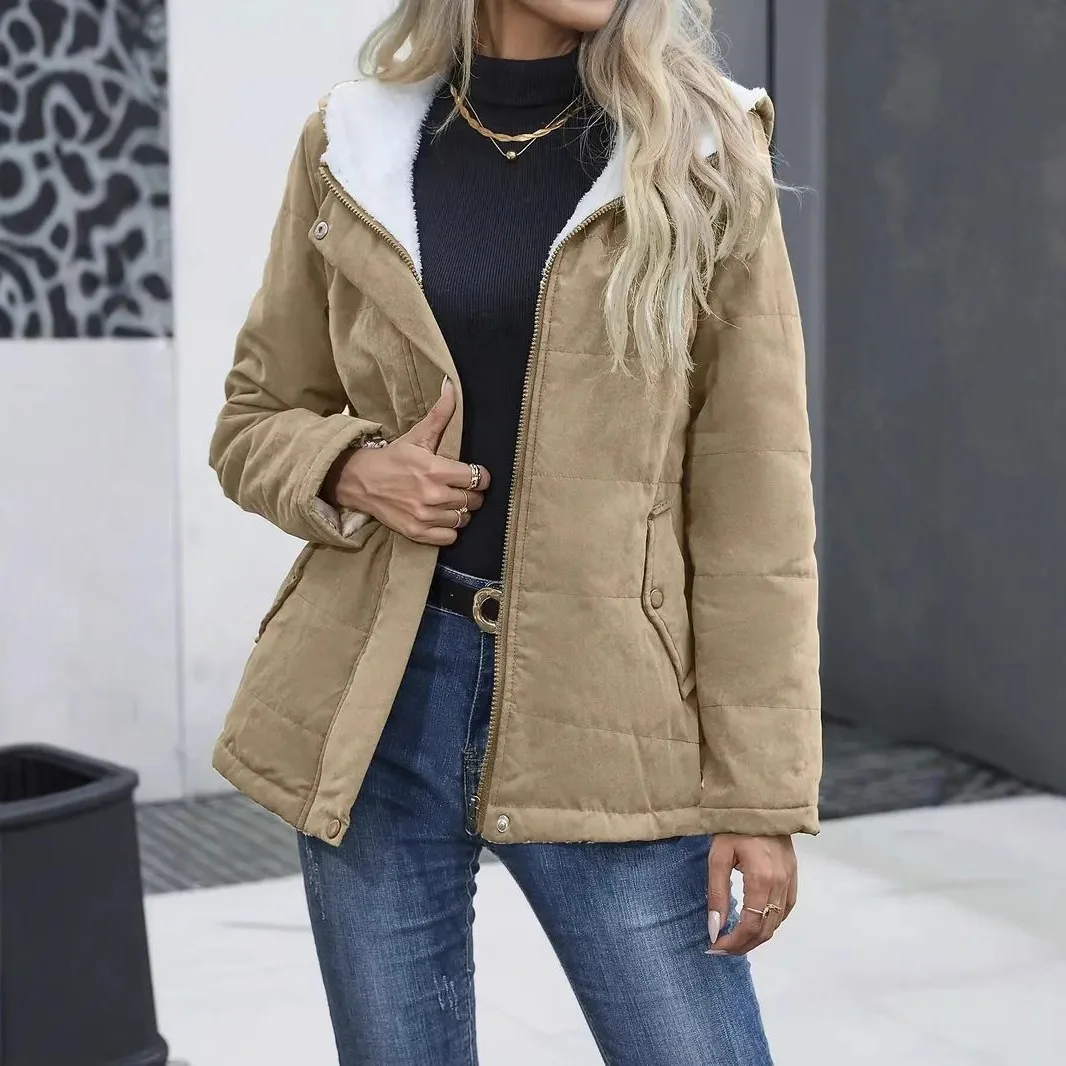 Mulheres parkas botão coberto parka com capuz solto jaqueta outerwear zíper cardigan emendado bolsos sólidos casacos casuais inverno